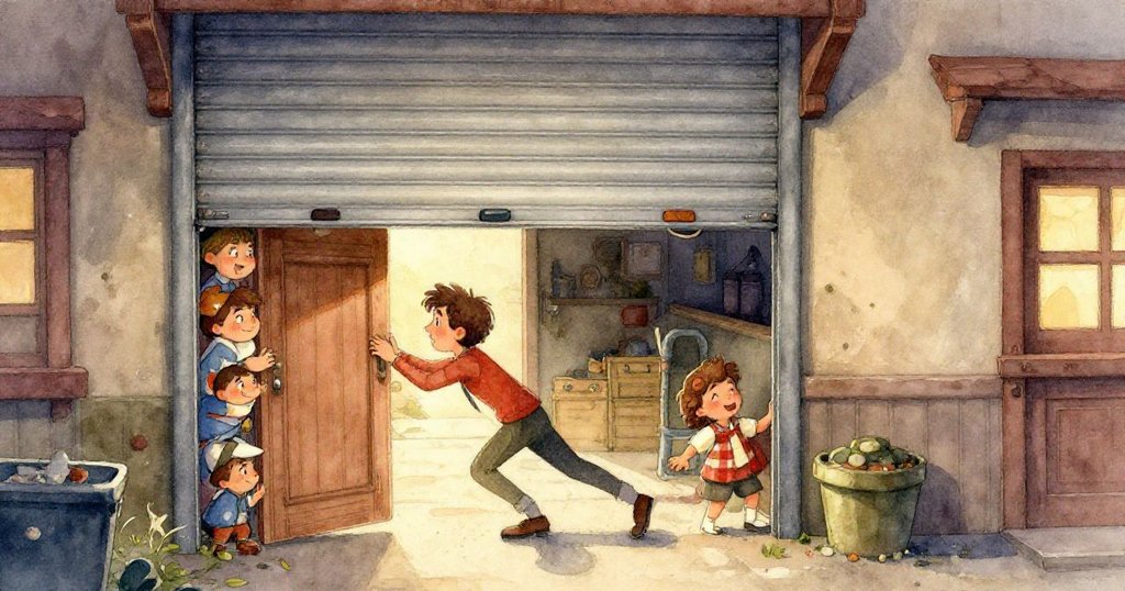 Cole遠處忙碌中,小甲蟲從破裂紙箱間爬出,低角度展現雜亂儲藏室中隱藏著驚奇冒險。