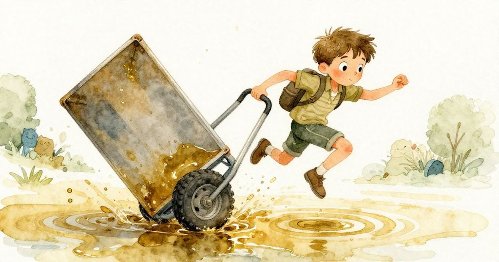 Cole跳躍過倒翻手推車,油光如水面反射奇妙光影,動態畫面充滿冒險與挑戰精神。