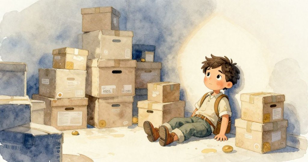 Cole坐於散落紙箱旁慢慢平復心情,靜謐儲藏室中燈光溫柔映照出他堅定且釋然的眼神。