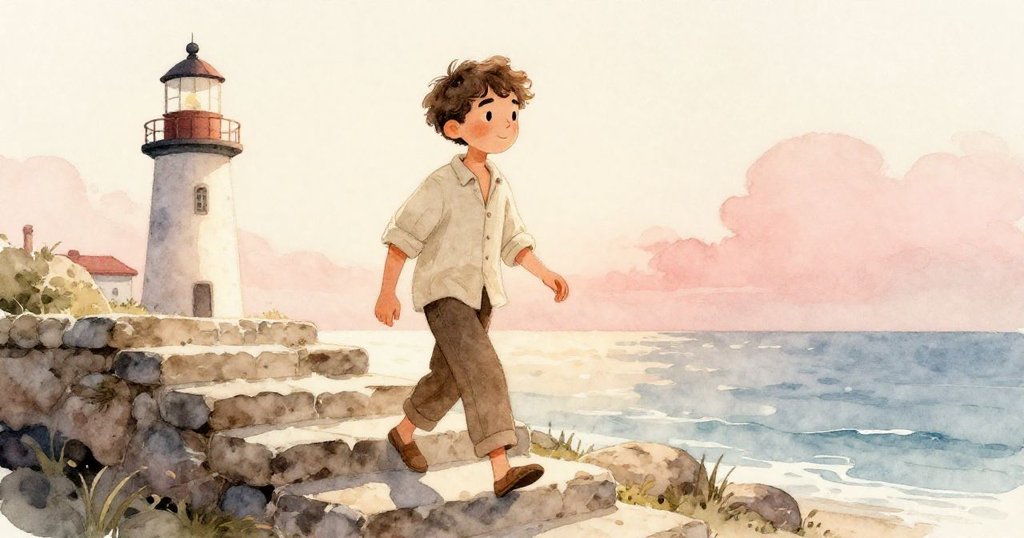 Sage 穿著輕便衣服，肩挑桶和鏟子，在晨曦中沿著石階步入燈塔入口，神情期待且專注，背景顯露大海與晨光。