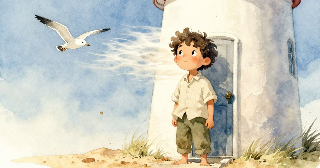 低角度呈現Sage在燈塔門前努力阻擋風吹散沙末，神情堅定，動作果斷，強調他專注工作的瞬間。