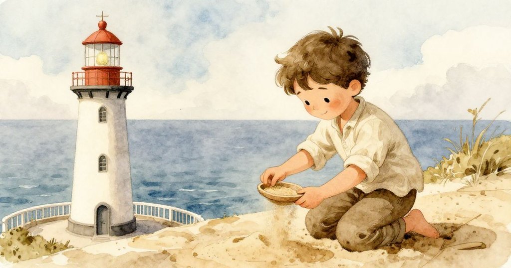 從高處俯瞰燈塔工作區，Sage正專注篩沙，遠處顯示藍綠海岸與廣闊天空，氛圍寧靜而充滿希望。