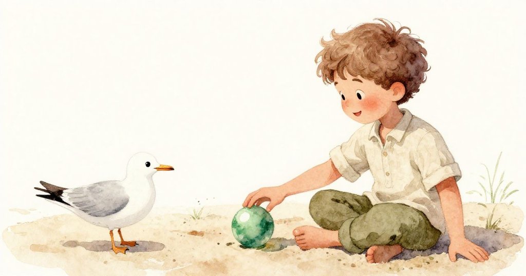 Sage坐在沙邊與海鷗互動，輕輕推動綠色彈珠，臉上流露滿足微笑，慶祝著完成工作的快樂時刻。