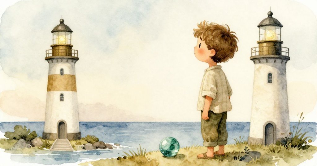 Sage站在燈塔前，凝望海天交界，隨身綠色彈珠閃爍象徵希望，微風吹拂沙粒營造出詩意悠遠的意境。