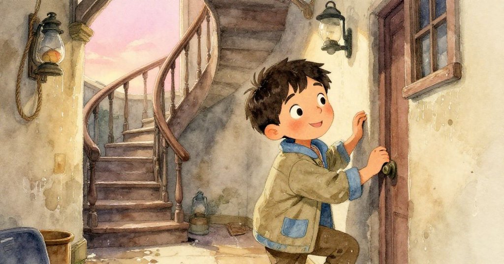 Wade踏上螺旋樓梯，安靜走廊散發著舊油燈和繩索氣息，溫暖晨光襯托他專注迎向冒險。