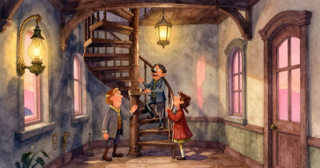 Wade細心觀察滾動的木製獨角獸，夕陽餘暉映襯細緻雕刻，飛舞塵埃增添神秘冒險感。