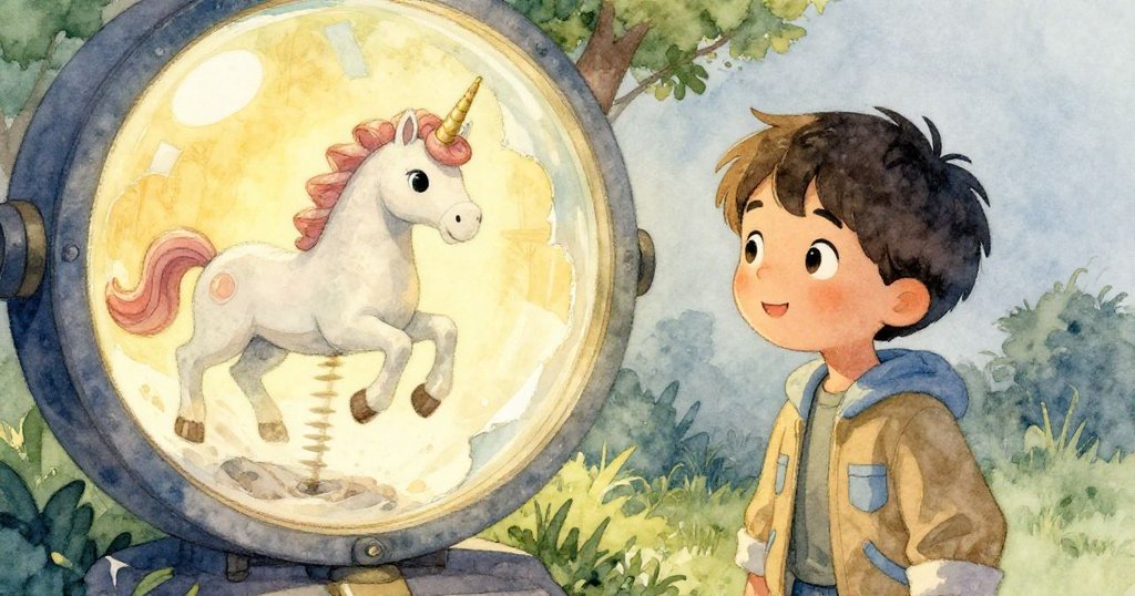 Wade靠近大透鏡，用手穩住溫暖玻璃，獨角獸旋轉飛舞，光影交錯呈現時間流轉之美。