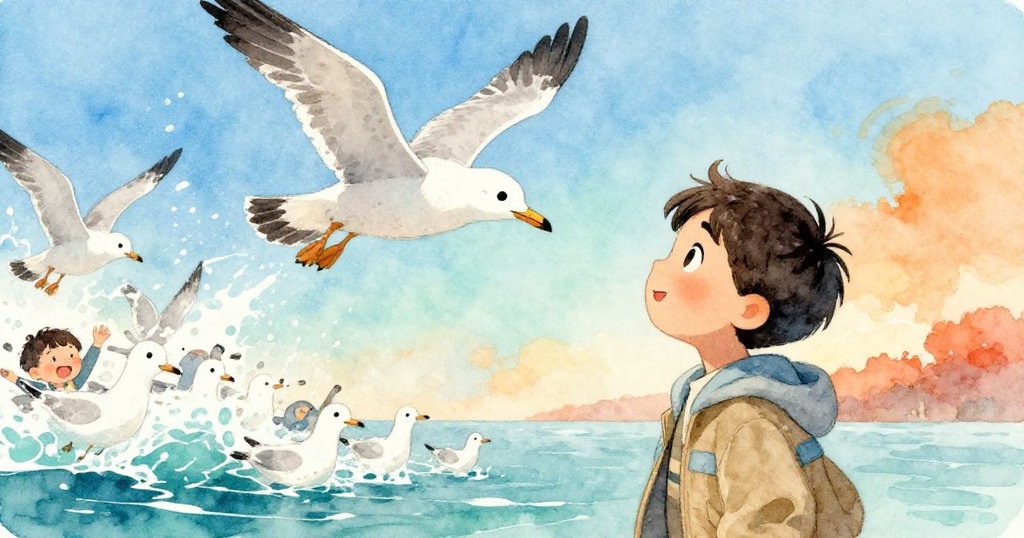 Wade歡喜仰望海鷗群躍水而下，多隻鳥兒共舞，充滿冒險喜悅與自然慶典氣氛。