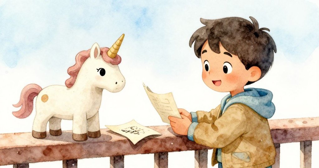 Wade滿足地將木獨角獸安放於欄杆旁，舊帆布與筆記本相伴，溫馨場景展現冒險後的安心歸屬。