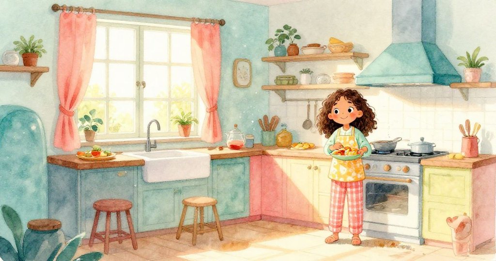 Zara在寬敞廚房中設置溫馨角落，高窗透入柔和夕陽光，動作專注展現準備迎接晚餐的期待與溫暖。