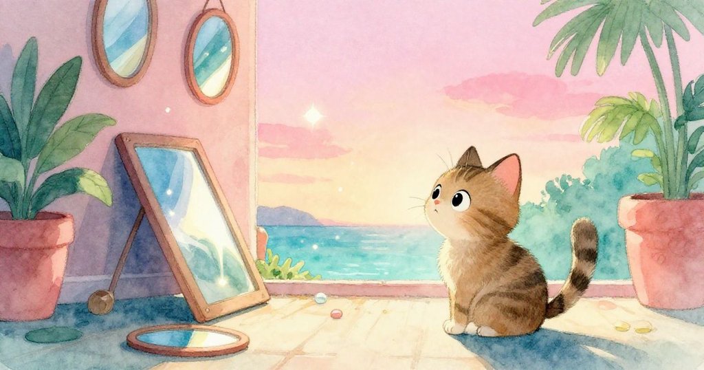 Milo以貓眼視角觀察鏡面反射光斑彷彿小精靈跳舞，環境充滿奇幻與溫馨家居氣息。