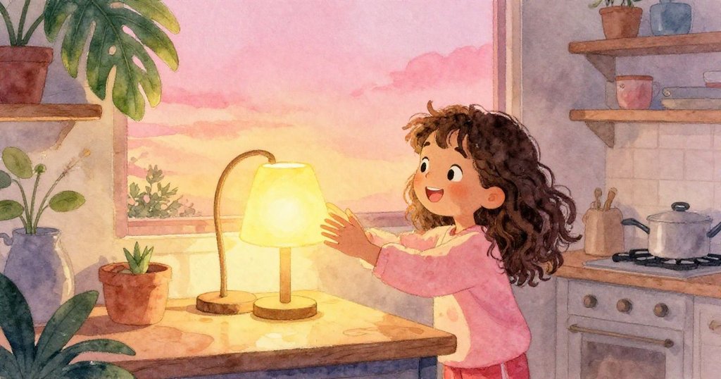 夜幕將臨廚房中，Zara輕調桌燈光線，臉上帶著寧靜微笑，充滿希望迎接新夜晚。