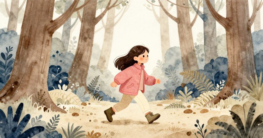 小珍珠推著木盒放入背包走進充滿綠意的森林,小徑上樹木參天,神情輕快展現冒險起點。