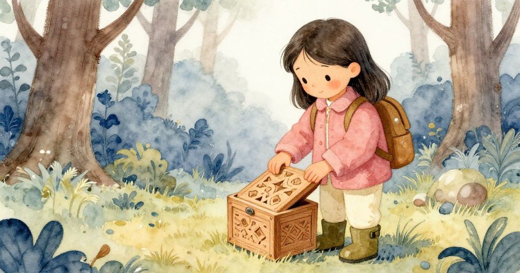 小珍珠專注打開木盒,仔細檢查背包中的拼圖塊,背景隱約呈現森林邊緣,神情充滿好奇與期待。