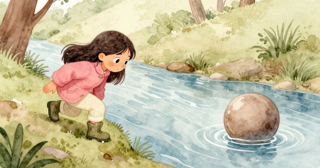 小珍珠攀爬溪畔山坡時意外觸發盒子機關,圓形銷子從箱子彈出並滾向閃光溪水,展現冒險轉折。