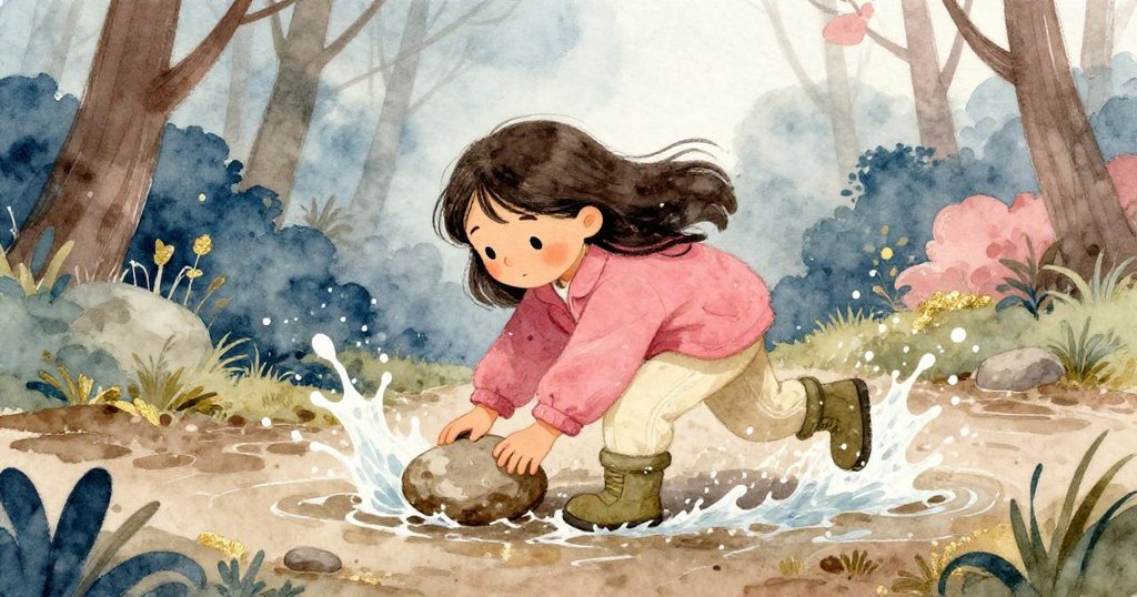 小珍珠迅速撿起扁石阻擋湍急水流,濕滑泥水從鞋邊流過,動作靈敏展現冒險緊迫感。