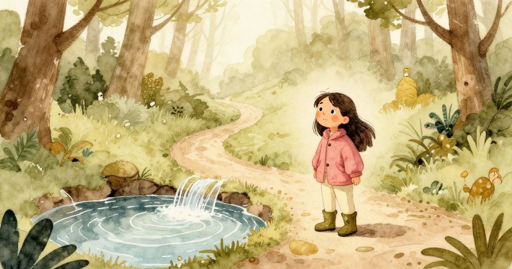 小珍珠站在重新開辟的清晰道路上,水流穩定注入開放窪地,她臉上洋溢堅定與期待準備迎向下一段冒險。