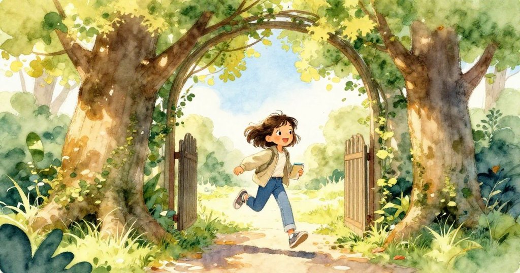 Gwen 穿過由樹木組成的拱門,踏入陽光明媚的公園,表情充滿期待與喜悅,背景展現晨光與綠意交織的自然景致。