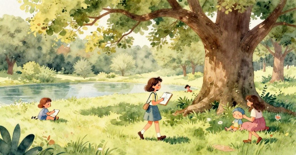 Gwen 的小腳步輕踏在露珠閃爍的青草上,背景為公園小徑,動態展示她行走中的活力與觀察自然的熱情。