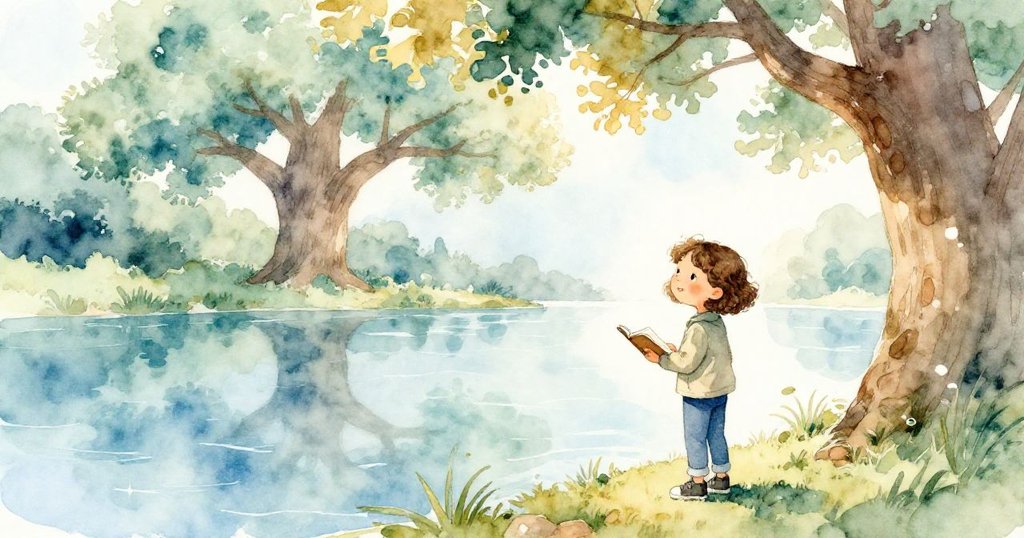 Gwen 靜靜站在池塘邊俯瞰倒影,水面反射著橡樹和晨光,神情充滿好奇與沉思,彷彿進入夢幻水下世界。