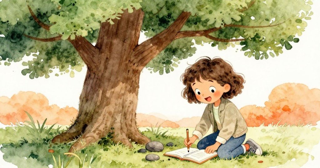 Gwen 發現樹下石子排列成獨特圖案,興奮中專注描繪,臉上充滿喜悅,手指靈巧地移動在畫紙上,環境透露夕陽與綠意。