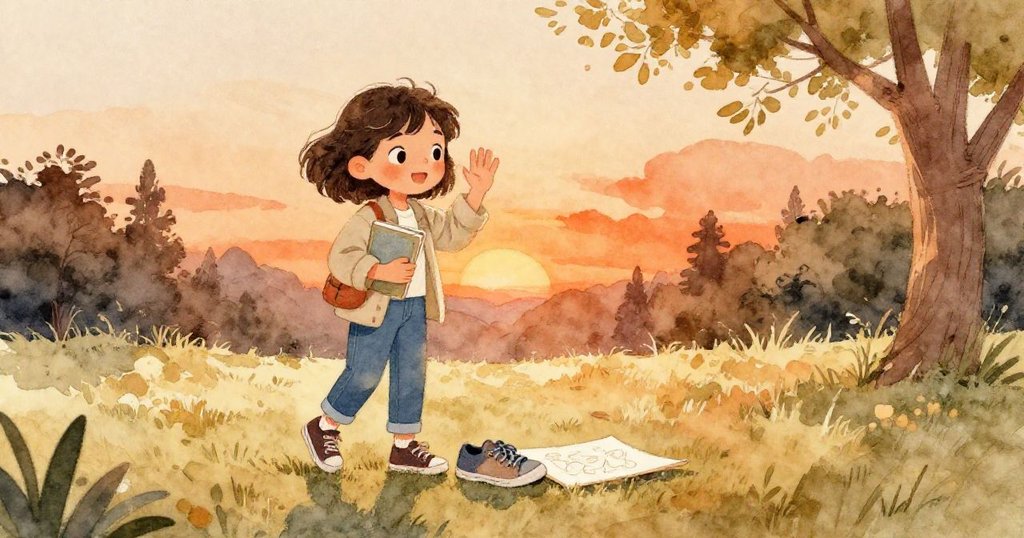 Gwen 完成畫作後將之放在鞋邊,微笑著向陪伴她的公園揮手告別,夕陽餘暉灑落在樹影與自然間,充滿溫馨與回憶。