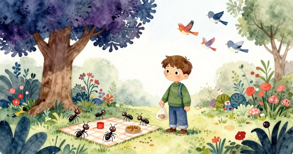 Eli 與螞蟻、鳥群熱鬧互動，在低橡樹下舉著種子袋，展現早晨活力與童趣故事起始。