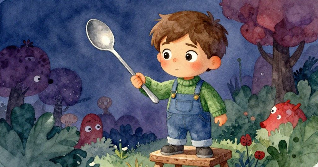 Eli專注眼神在不平凳上攀爬，用長匙小心接近木飼料器，展現努力與決心的情感。