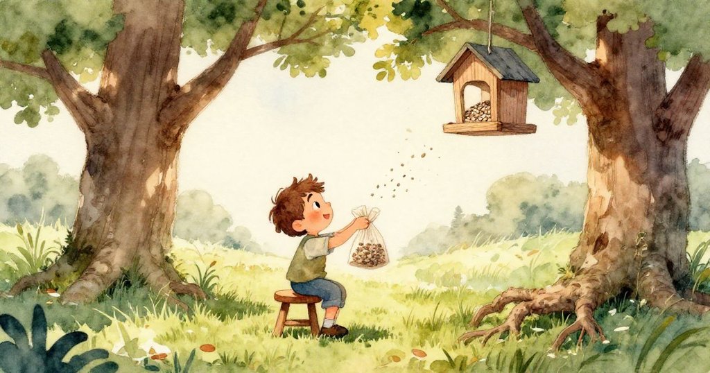 種子從飼料器溢出，泥瓦瓶傾倒灑水於水龍頭上，水珠反射晨光，呈現奇妙的自然反映與動態過程。