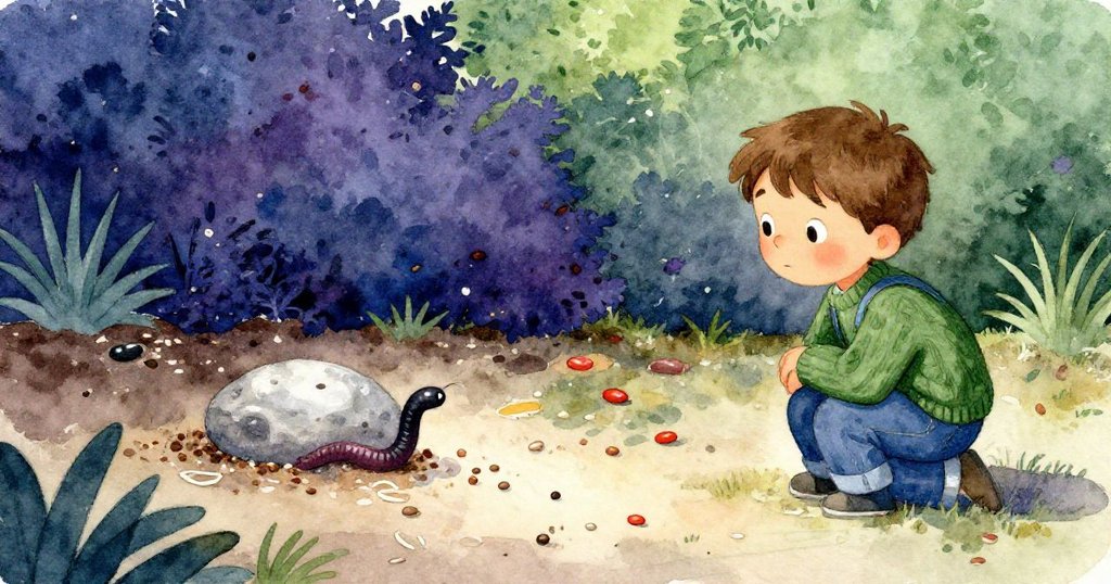 Eli在平靜花園中凝望散落種子與孤蚯蚓緩行於石頭邊，展現故事最終和諧與沉穩的自然結局。