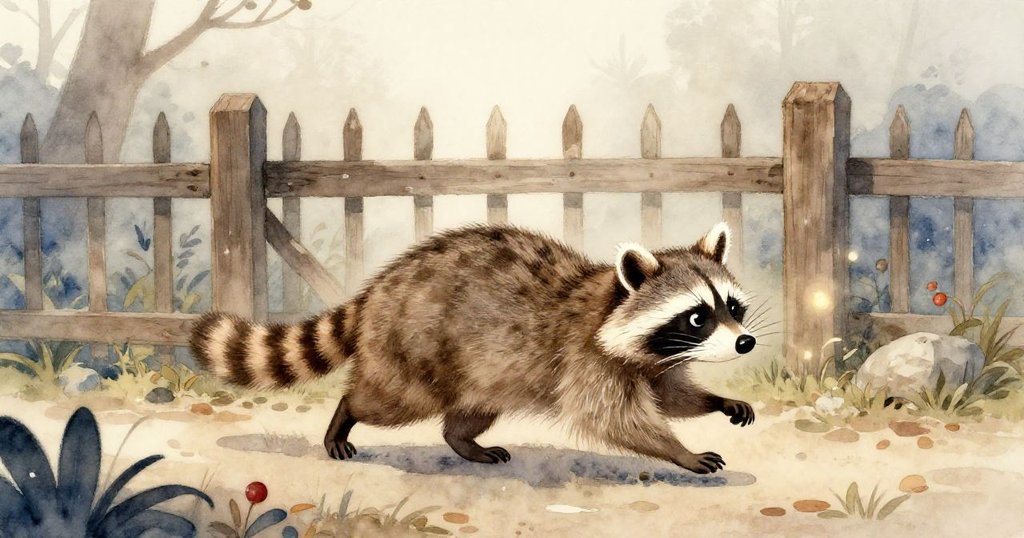 小浣熊在清晨微霧中探險,沿著動物園圍欄行走,充滿好奇與期待。