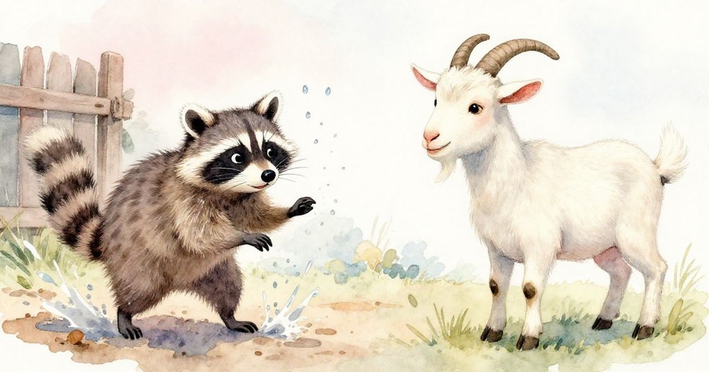 小浣熊在水噴時停下腳步,毛皮上有水滴,旁邊平靜的山羊陪伴,場景分界明顯。