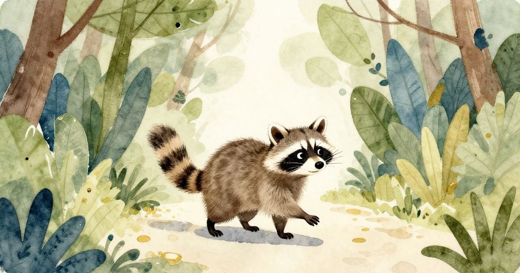 小浣熊摘取鮮莓後走向綠意盎然的道路,迎面陽光灑落,前路充滿新冒險的希望。