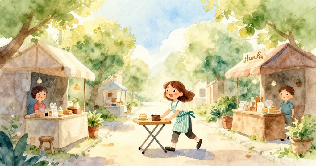 June 在早晨溫暖光線下推著摺疊桌,狹窄巷道充滿生機,展現準備開市場的活力與決心。