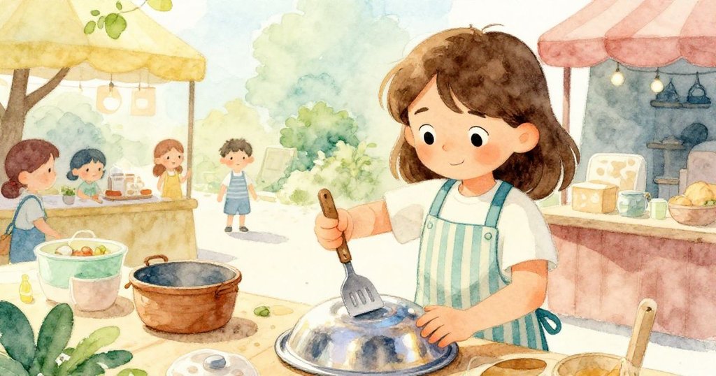 June 用雙手和鏟子仔細檢查桌上金屬蓋,展現出專注與好奇,背景是溫馨明亮的市場環境。