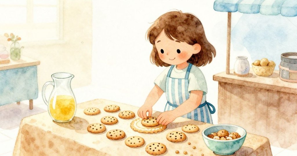 June 專心地整理餅乾成環狀,桌上新置入果汁壺和拌料碗,展現出市場攤位的井然與活力。