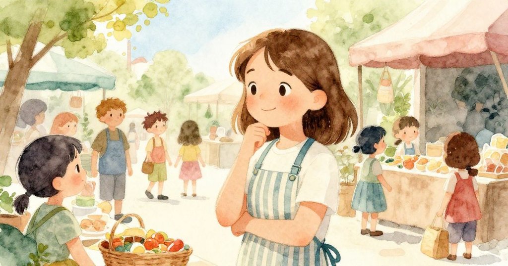 June 在市場攤位前思索如何創新陳列,背景有早起顧客,她臉上洋溢著溫柔的思考微笑。