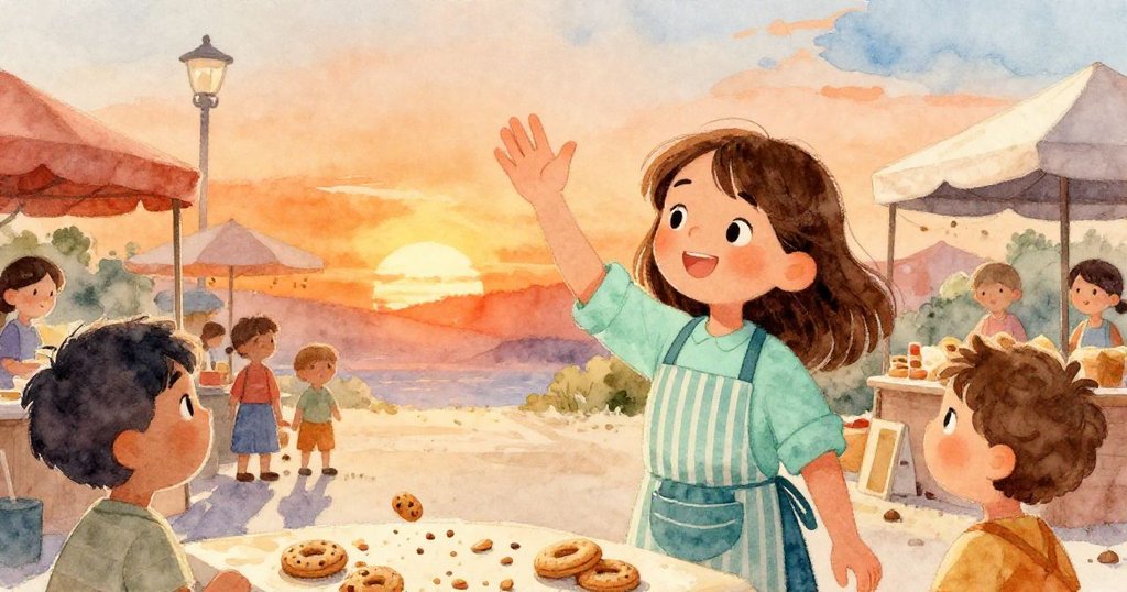 June 在夕陽映照下滿懷喜悅揮手告別,市場攤位上餅乾碎屑和創意陳列留住充滿情感的一天。