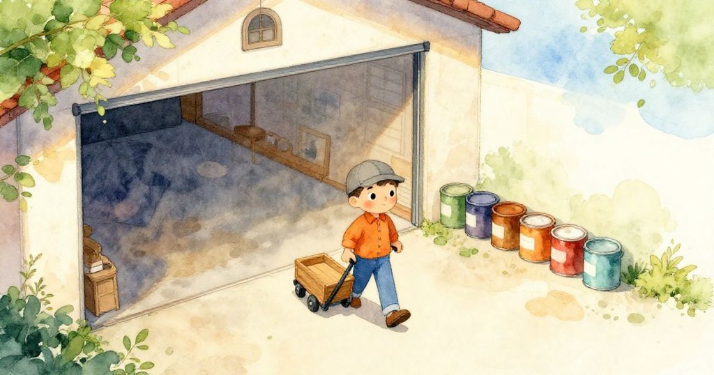 保羅在溫暖的車庫中推著小木車，從上方看見整齊油漆桶和明亮地板，充滿期待與忙碌情緒。