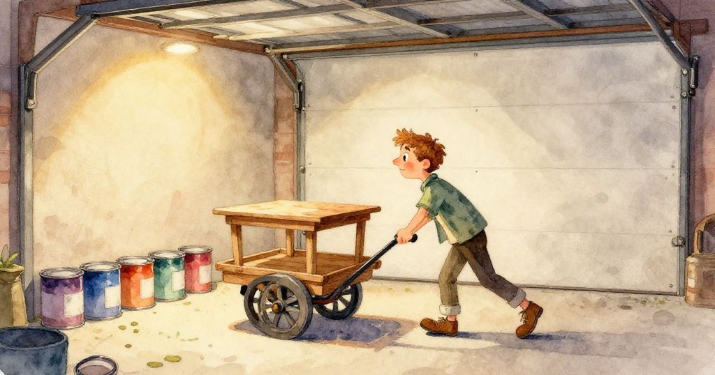 保羅的手緊握著木車手柄，背景中依稀能見到整齊油漆桶，展現出細緻與專注的工作情景。