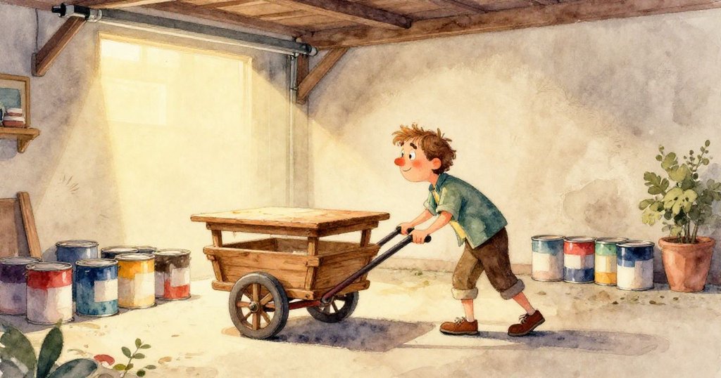 傾斜視角下展現連鎖反應，油漆桶滾動、繩圈緊繃、掃把翻飛及玻璃罐漂移，情節緊湊且充滿奇趣。