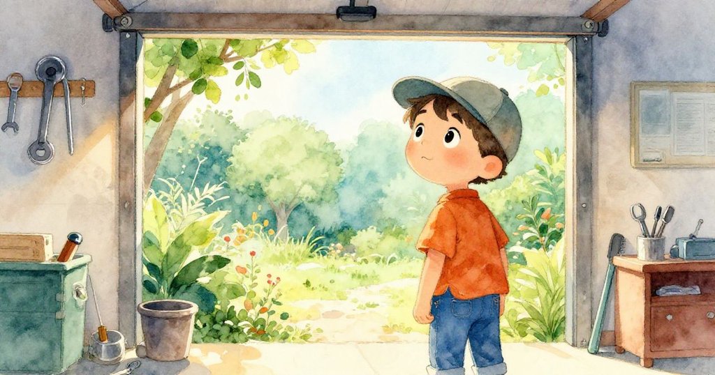 保羅透過車庫窗戶眺望外面綠意庭院，午後光線灑落在金屬工具上，展現安詳與希望的場景。