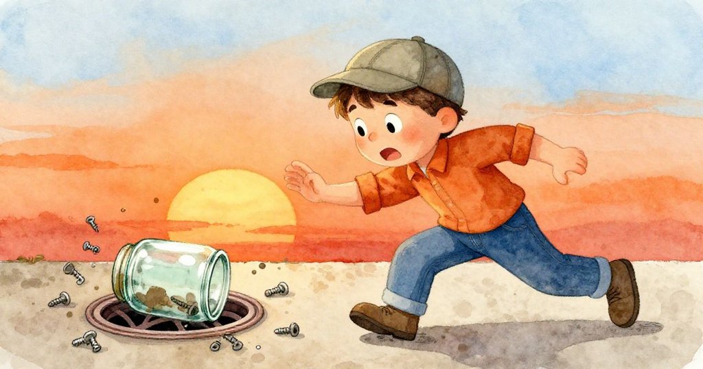 保羅急速奔向排水口攔阻滾動玻璃罐，表情緊張且專注，腳步飛躍間散落螺絲，情節緊湊。