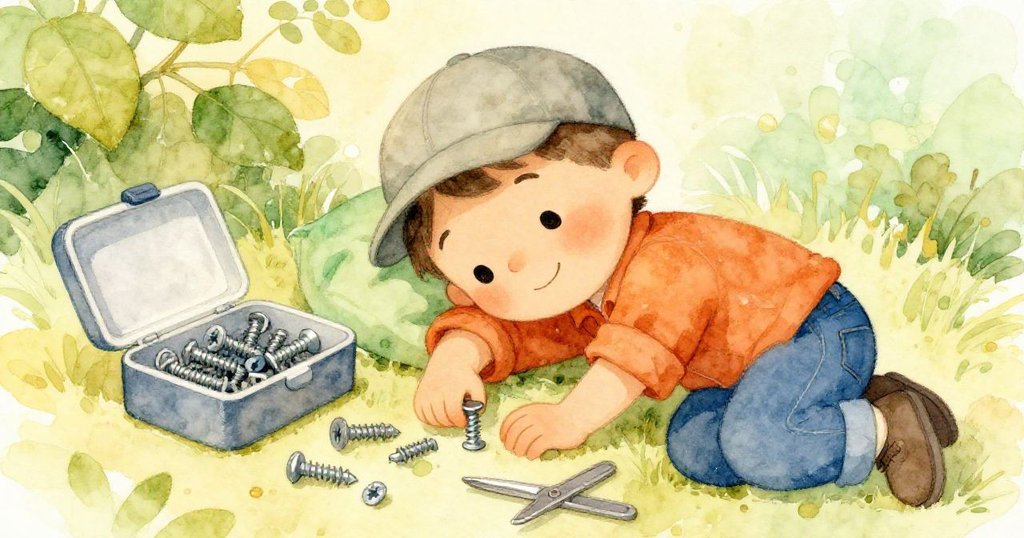 保羅坐在整理好的車庫角落，靜靜收拾螺絲，臉上洋溢滿足與寧靜微笑，結束了一天的忙碌。