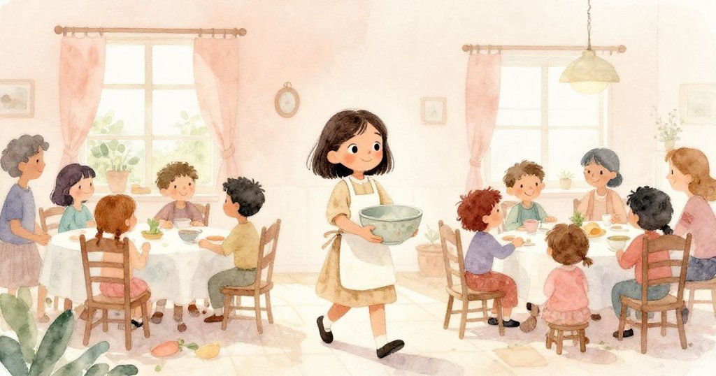 維拉搬著彩色碗走進明亮溫暖的餐廳，家人圍坐在桌邊，充滿期待與快樂，陽光柔和灑落。