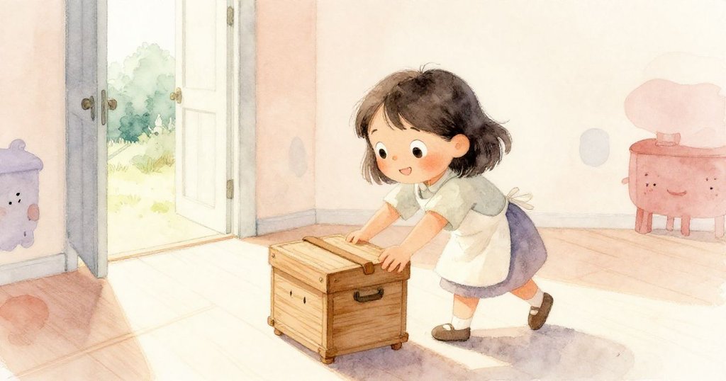 維拉推動著木盒，在陽光灑落的地板上形成一條僅通向開門的狹窄通道，充滿神秘感與細膩光影。