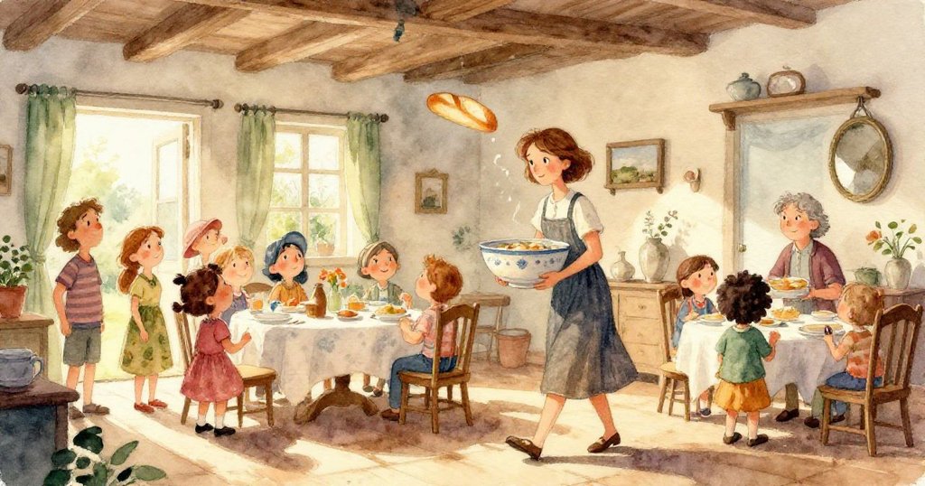 小老鼠從麵包籃中飛快躍出，突然停在斜射進來的金色光束中，動靜交錯充滿驚奇與色彩美感。