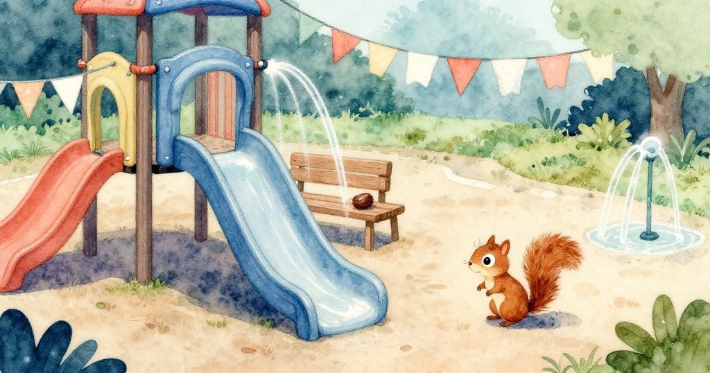 小松鼠在清晨寧靜的遊樂場中探險，高處俯瞰塑膠滑梯、噴泉和掛著舊橫幅，充滿好奇與期待。