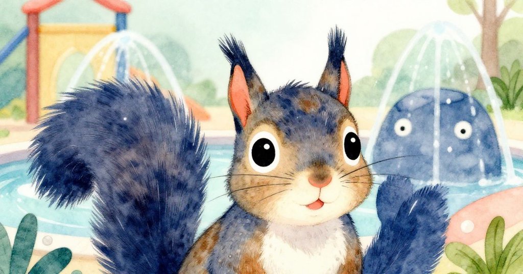 小松鼠專注地看著噴水裝置，其大眼睛充滿好奇，背景模糊呈現遊樂場和溫暖的晨光。