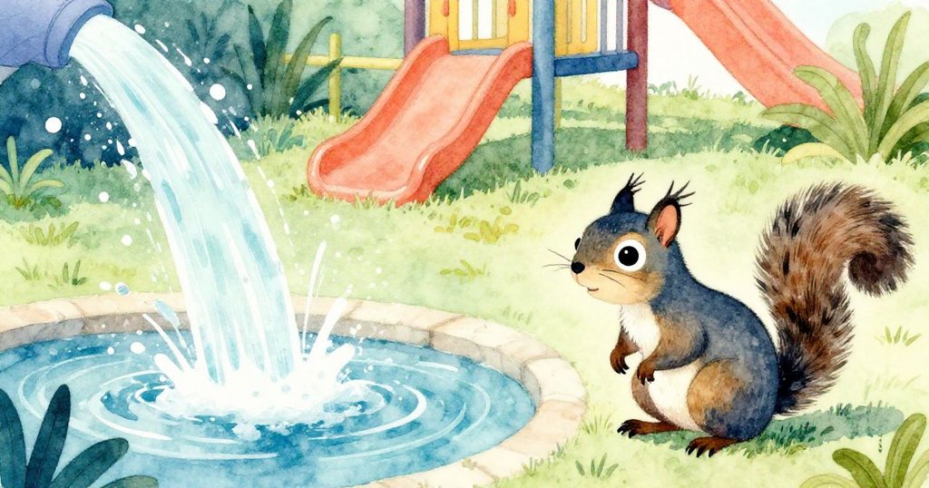 小松鼠在遊樂場中警覺地蹲伏，一邊觀察著高噴的水柱與短暫靜止時刻，充滿緊張與期待。